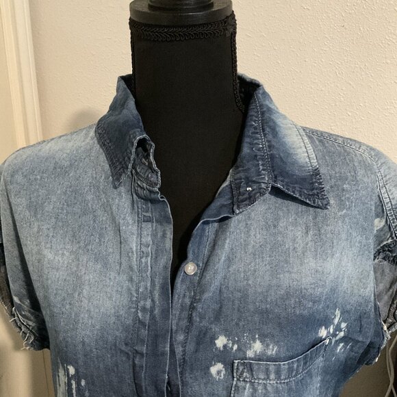 Nsf Bleached Distressed Denim Jean Chambray Button Down Mid Dress Small Western - Picture 8 of 12